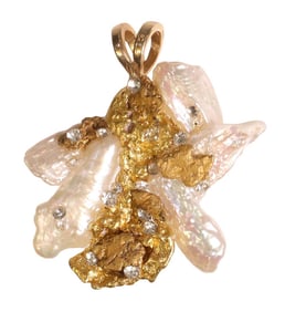 ESTATE 14KT YELLOW GOLD, KESHI PEARL & SIMULANT DIAMOND PENDANT