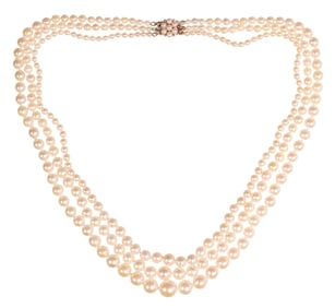 ESTATE 14KT YG, DIAMOND & CULTURED PEARL MULTI-STRAND BEADED NECKLACE