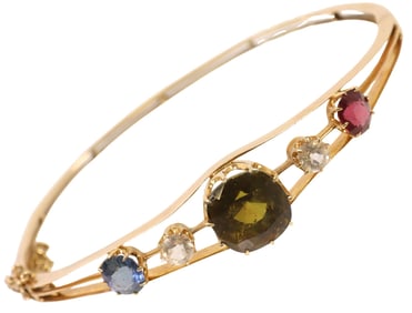 ESTATE 18KT GOLD MULTISTONE HINGED BANGLE BRACELET