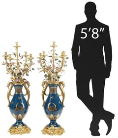 (2) LARGE ORMOLU & PORCELAIN FLORAL URN 5-LIGHT CANDELABRA, 47"H