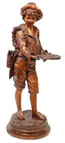 BLACK FOREST CARVED WALNUT FIGURE, YOUNG FISHERMAN, 31.5"H