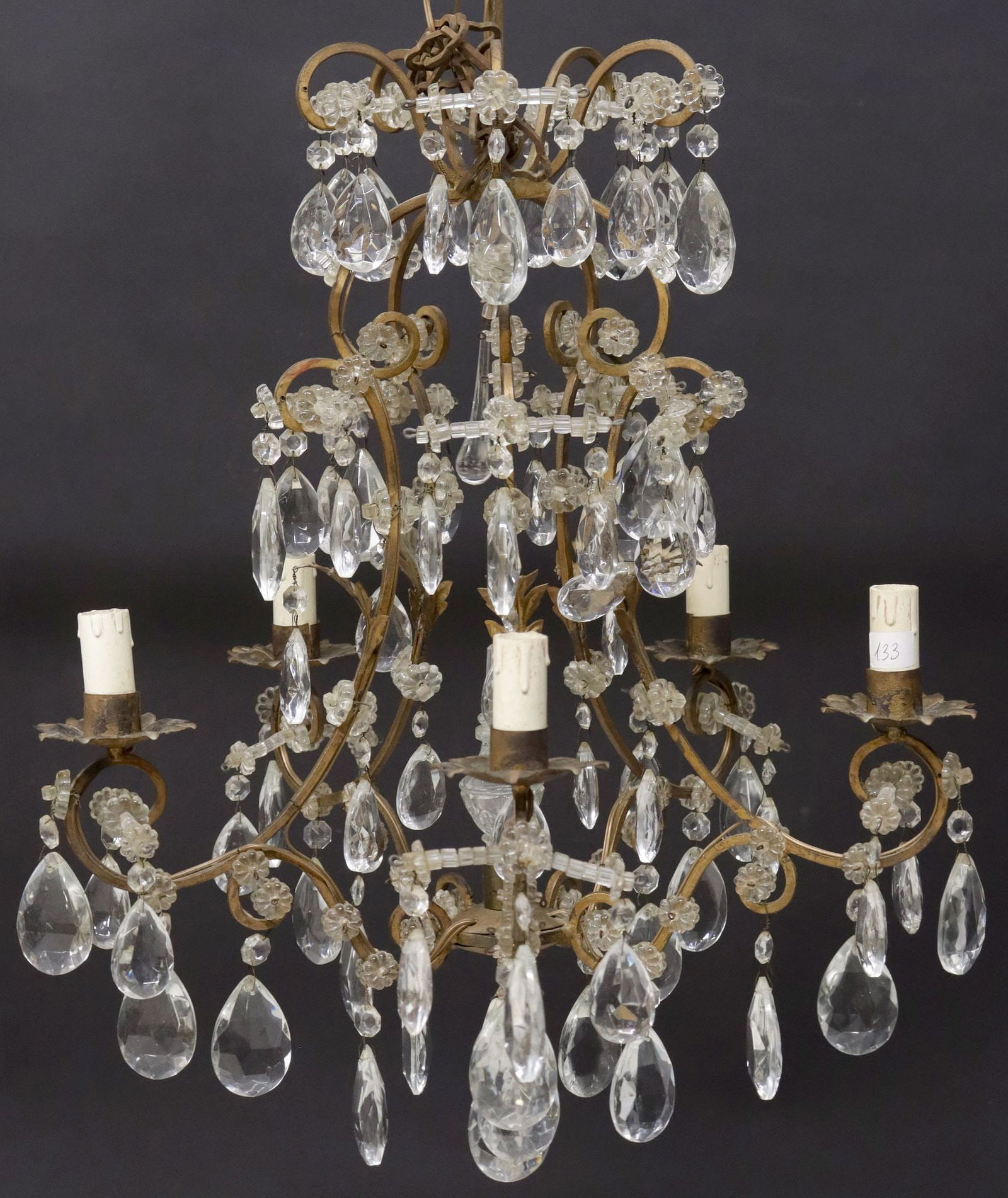 ITALIAN GILT-METAL & CRYSTAL 5-LIGHT CHANDELIER (1 of 3)