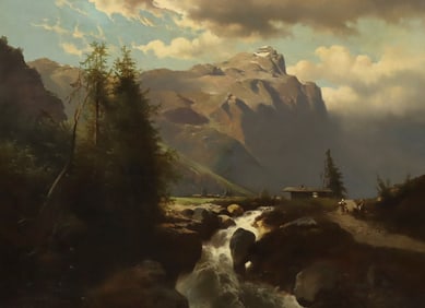 LARGE FERDINAND HOFBAUER (1801-1864) PAINTING ALPINE MOUNTAIN LANDSCAPE