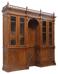 UNUSUAL ITALIAN RENAISSANCE REVIVAL CARVED WALNUT BOOKCASE
