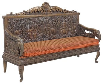 SOUTHEAST ASIAN PATINATED BRONZE ELEPHANTS UPHOLSTERED SOFA