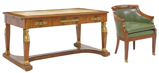 (2) FRENCH EMPIRE STYLE MAHOGANY LEATHER-TOP BUREAU PLAT & ARMCHAIR