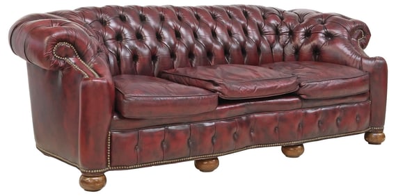 CHESTERFIELD STYLE LACKAWANNA TUFTED OXBLOOD LEATHER SOFA