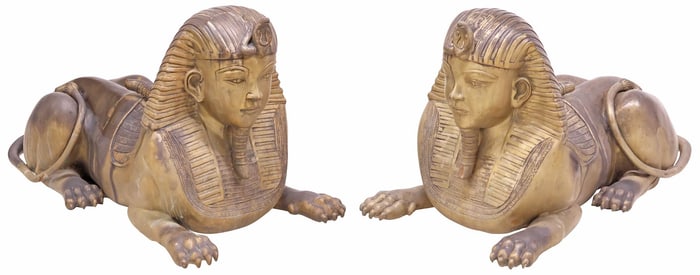 (2) LARGE PATINATED BRONZE SPHINX SCULPTURES SIGNED KATHY