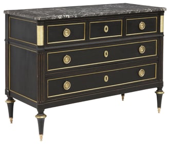 FRENCH LOUIS XVI STYLE MARBLE-TOP BLACK-PAINTED COMMODE