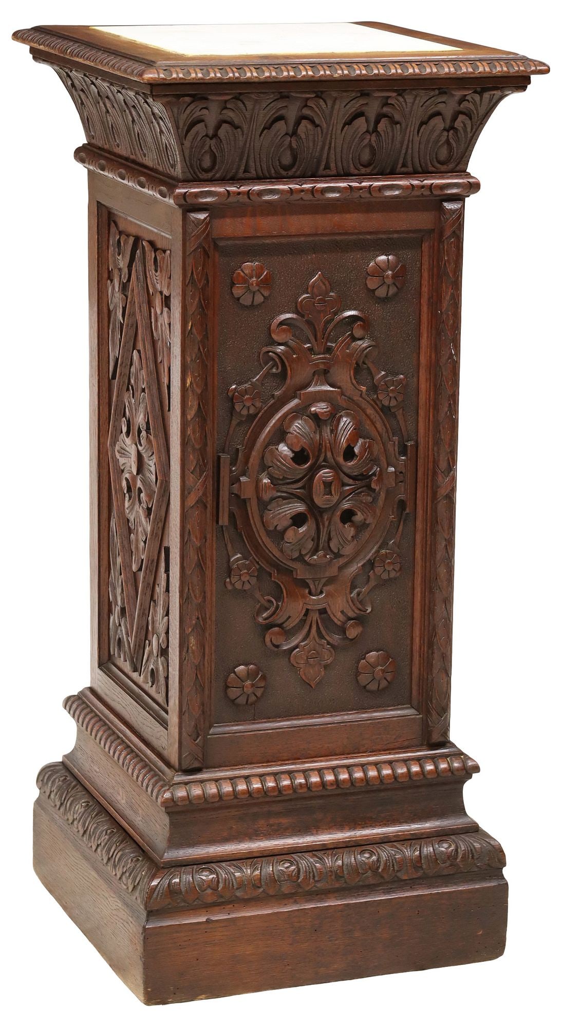 FRENCH RENAISSANCE REVIVAL MARBLE-TOP CARVED OAK PEDESTAL (1 of 4)