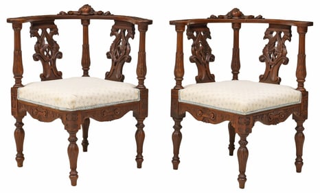 (2) FRENCH RENAISSANCE REVIVAL CARVED WALNUT CORNER CHAIRS