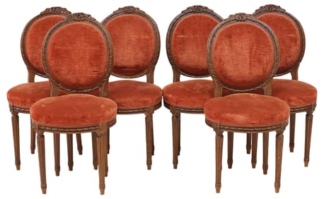 (6) FRENCH LOUIS XVI STYLE CARVED & UPHOLSTERED DINING CHAIRS