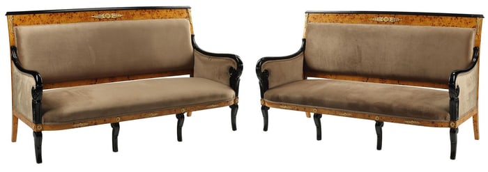 (2) DIRECTOIRE STYLE PARCEL-EBONIZED & UPHOLSTERED SOFAS