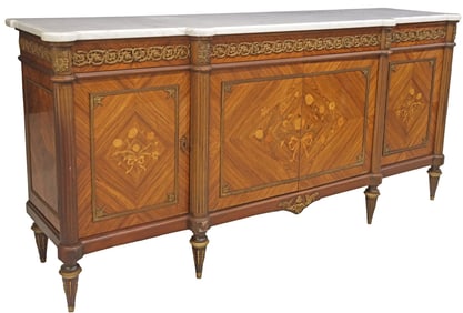 FRENCH LOUIS XVI STYLE MARBLE-TOP MARQUETRY BREAKFRONT SIDEBOARD