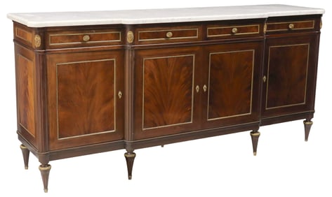 FRENCH LOUIS XVI STYLE MARBLE-TOP FLAME MAHOGANY SIDEBOARD