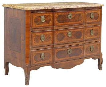 FRENCH TRANSITIONAL STYLE MARBLE-TOP MATCHED-VENEER COMMODE