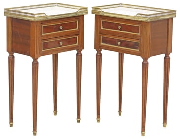 (2) FRENCH LOUIS XVI STYLE MARBLE-TOP MAHOGANY NIGHTSTANDS