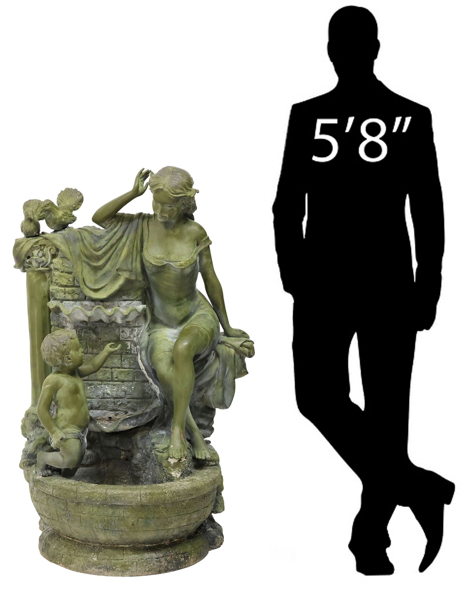 LARGE BRONZE FIGURAL GARDEN FOUNTAIN, MAIDEN WITH DOVES, 46"H (1 of 7)