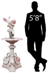 LARGE CAST IRON FIGURAL PUTTO & SWANS GARDEN FOUNTAIN, 56"H