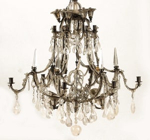 LARGE BRONZE & ROCK CRYSTAL 18-LIGHT CHANDELIER, 33"DIAM