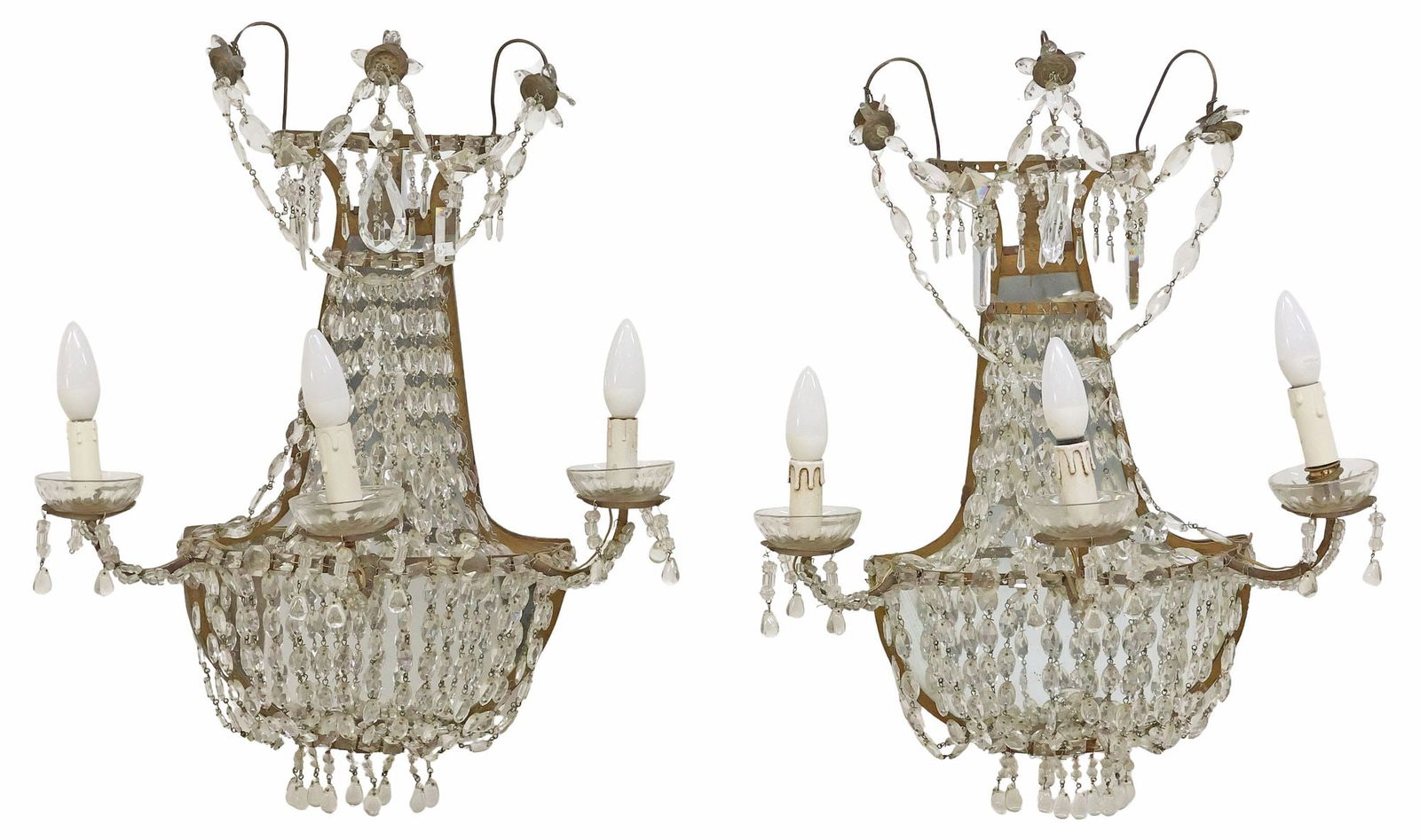 (2) LARGE EMPIRE STYLE CRYSTAL 3-LIGHT WALL SCONCES, 25.5"H (1 of 3)