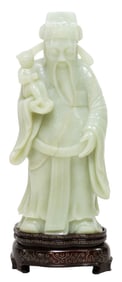 LARGE CHINESE CARVED NEPHRITE 'FU' PROSPERITY FIGURE ON STAND, 15"H