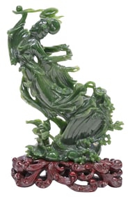 CHINESE CARVED NEPHRITE JADE FIGURE ON STAND, FEMALE DEITY