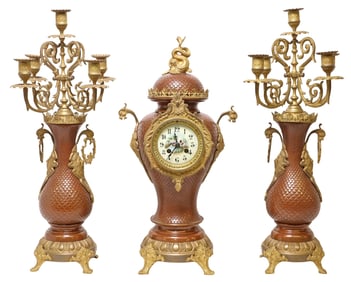 (3) FRENCH GILT METAL VASIFORM MANTEL CLOCK & CANDELABRA GARNITURE SET