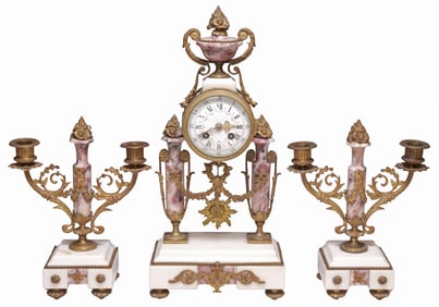 (3) FRENCH LOUIS XVI STYLE GILT METAL & MARBLE MANTEL CLOCK GARNITURE