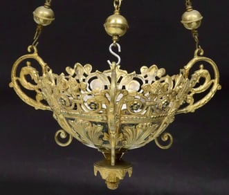 FRENCH GILT-METAL PAINT-DECORATED 3-LIGHT SANCTUARY LAMP