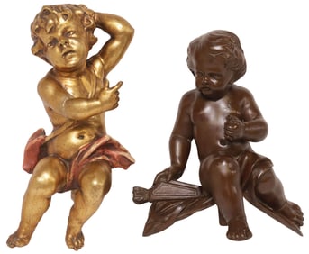 (2) ITALIAN ARCHITECTURAL CARVED WOOD PUTTI / CHERUB FIGURES