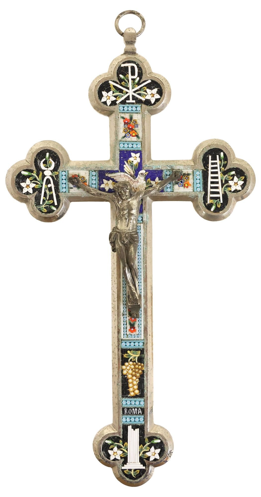 FINE ITALIAN MICROMOSAIC-INLAID CRUCIFIX WITH POPE PIUS XI INSCRIPTION (1 of 5)