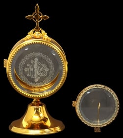 LITURGICAL ETCHED GLASS & GILT METAL CUSTODIAL ENCASING LUNA
