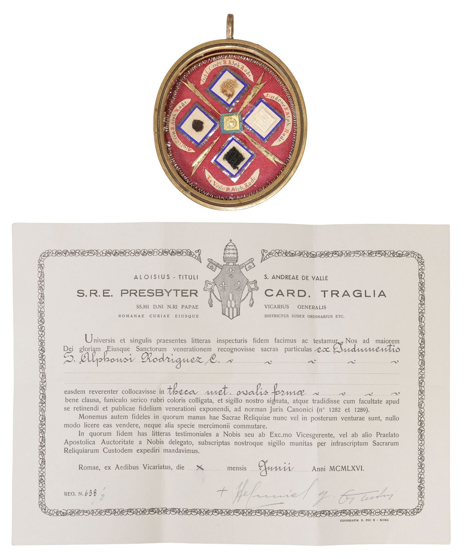 1ST & 2ND-CLASS RELICS OF ST. ALPHONSUS RODRIGUEZ IN THECA WITH COA: Religious gold-tone metal theca reliquary, housing (four) relics of Saint Alphonsus Rodriguez (Spanish, 1532-1617), comprising two first-class (ex ciner) relics and two second-class (ex indumentis) re