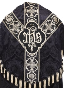 LITURGICAL BLACK SILK DAMASK EMBROIDERED VESTMENT COPE