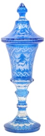 BOHEMIAN BLUE CUT-TO-CLEAR GLASS POKAL OR COVERED VASE, 18.5"H