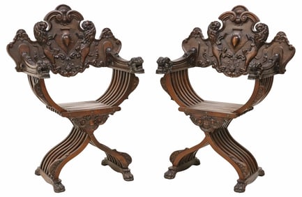 (2) ITALIAN RENAISSANCE REVIVAL CARVED SAVONAROLA CURULE CHAIRS