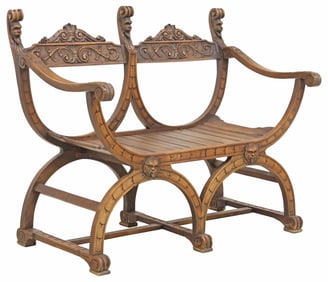 ITALIAN CARVED WALNUT SAVONAROLA TWO-SEAT CURULE BENCH
