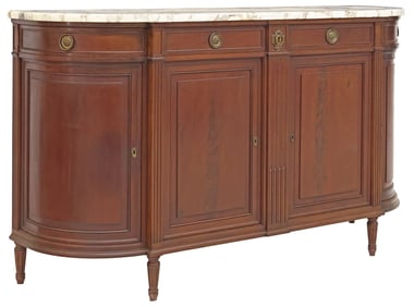 FRENCH LOUIS XVI STYLE MARBLE-TOP MAHOGANY DEMILUNE SERVER
