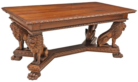 ITALIAN RENAISSANCE REVIVAL CARVED WALNUT LIONS DINING TABLE