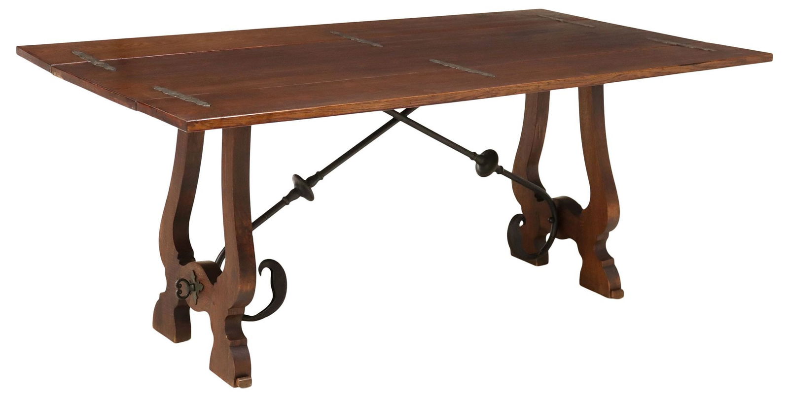BAROQUE STYLE OAK FOLDING-TOP TABLE: Baroque style oak table, 20th c., rectangular top with two hinged leaves, scrolled trestle end supports, joined by wrought iron stretchers, closed: approx 30.5"h, 70.75"w, 19.5"d, open: approx 29.5"h,