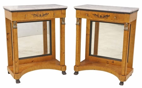 (2) BIEDERMEIER STYLE MARBLE-TOP BURLWOOD CONSOLE TABLES