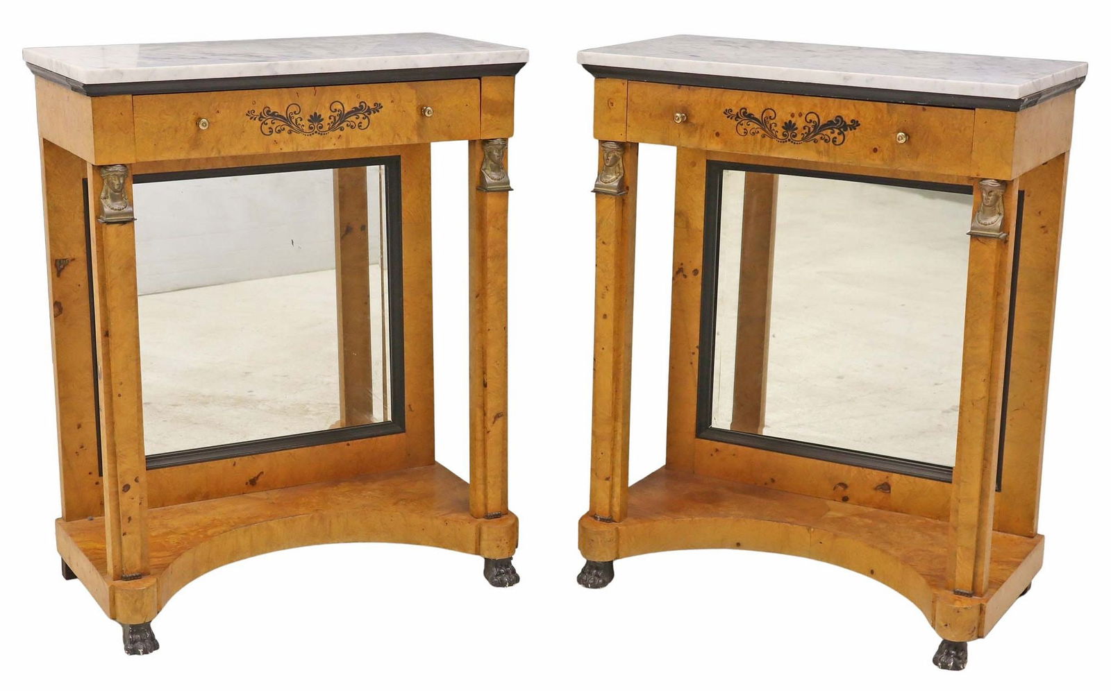 (2) BIEDERMEIER STYLE MARBLE-TOP BURLWOOD CONSOLE TABLES: (pair) Biedermeier style burlwood console tables, early 20th c., each having rectangular marble top, over single drawer and mirrored back, rising on tapering squared supports with figural terminals, e