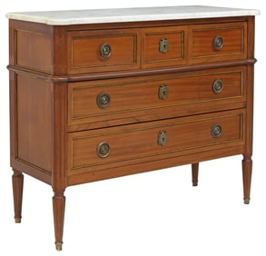 FRENCH LOUIS XVI STYLE MARBLE-TOP BEADED MAHOGANY COMMODE