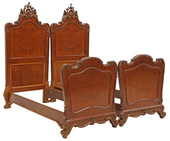 (2) ITALIAN ROCOCO STYLE CARVED BURLWOOD BEDS