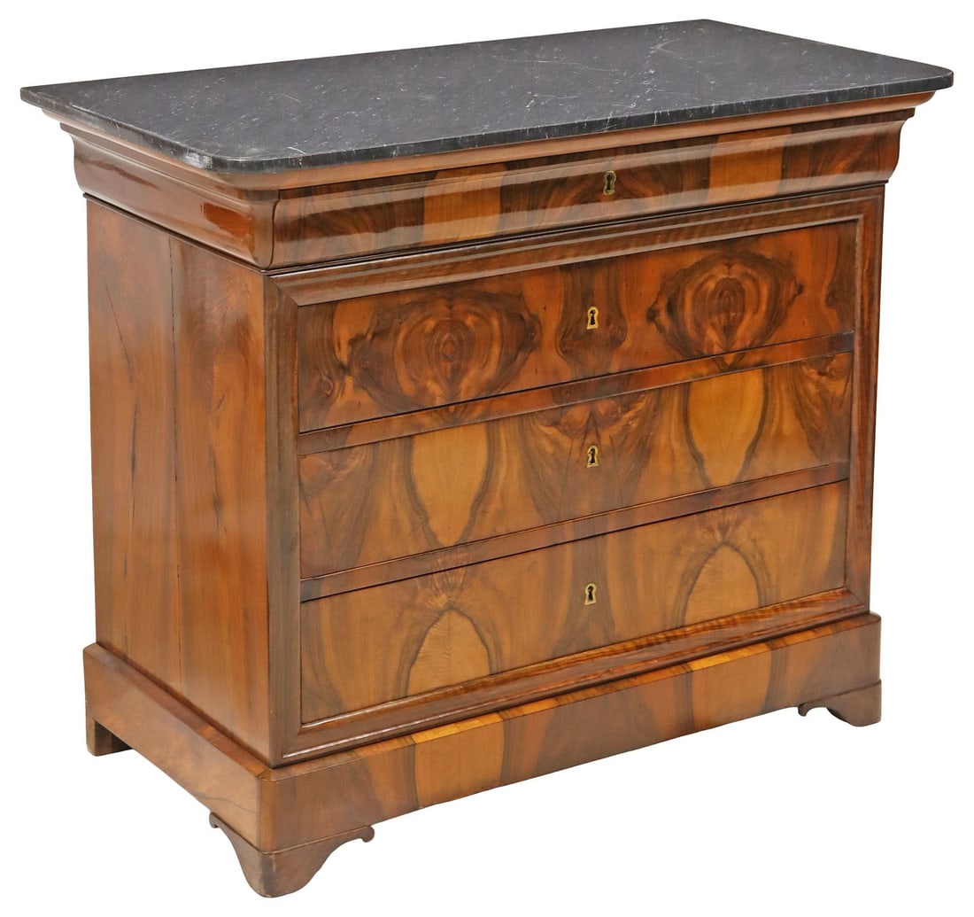 FRENCH LOUIS PHILIPPE PERIOD MARBLE-TOP FIGURED WALNUT COMMODE (1 of 5)