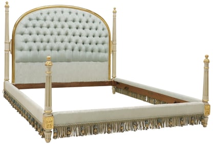 LOUIS XVI STYLE UPHOLSTERED & PARCEL-GILT PAINTED BED