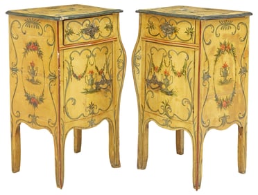 (2) ITALIAN VENETIAN PAINT-DECORATED BEDSIDE BOMBE CABINETS