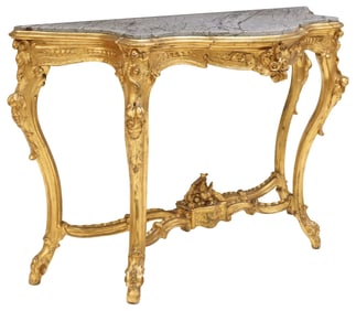 ITALIAN ROCOCO STYLE MARBLE-TOP GILTWOOD CONSOLE TABLE