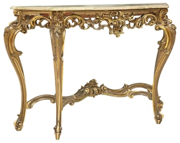 ITALIAN ROCOCO STYLE ONYX-TOP GILT PAINTED CONSOLE TABLE